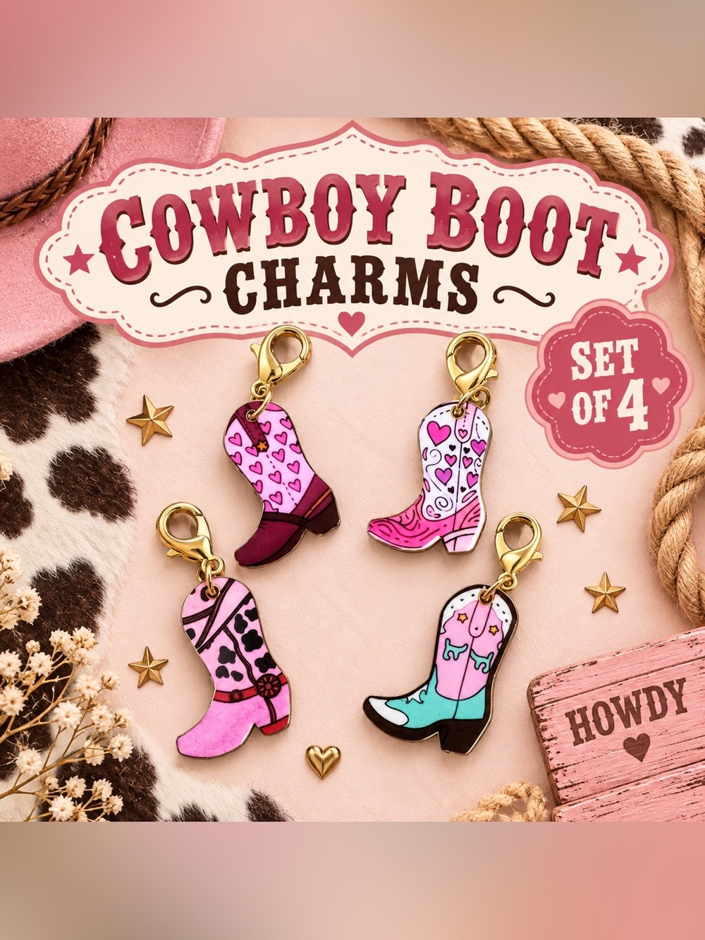 Cowboy Boot Charms - Pink Assorted Women's Accessories